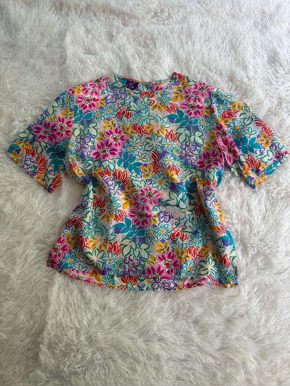 100% Silk Vintage Floral Blouse Shoulder Pad Top Medium